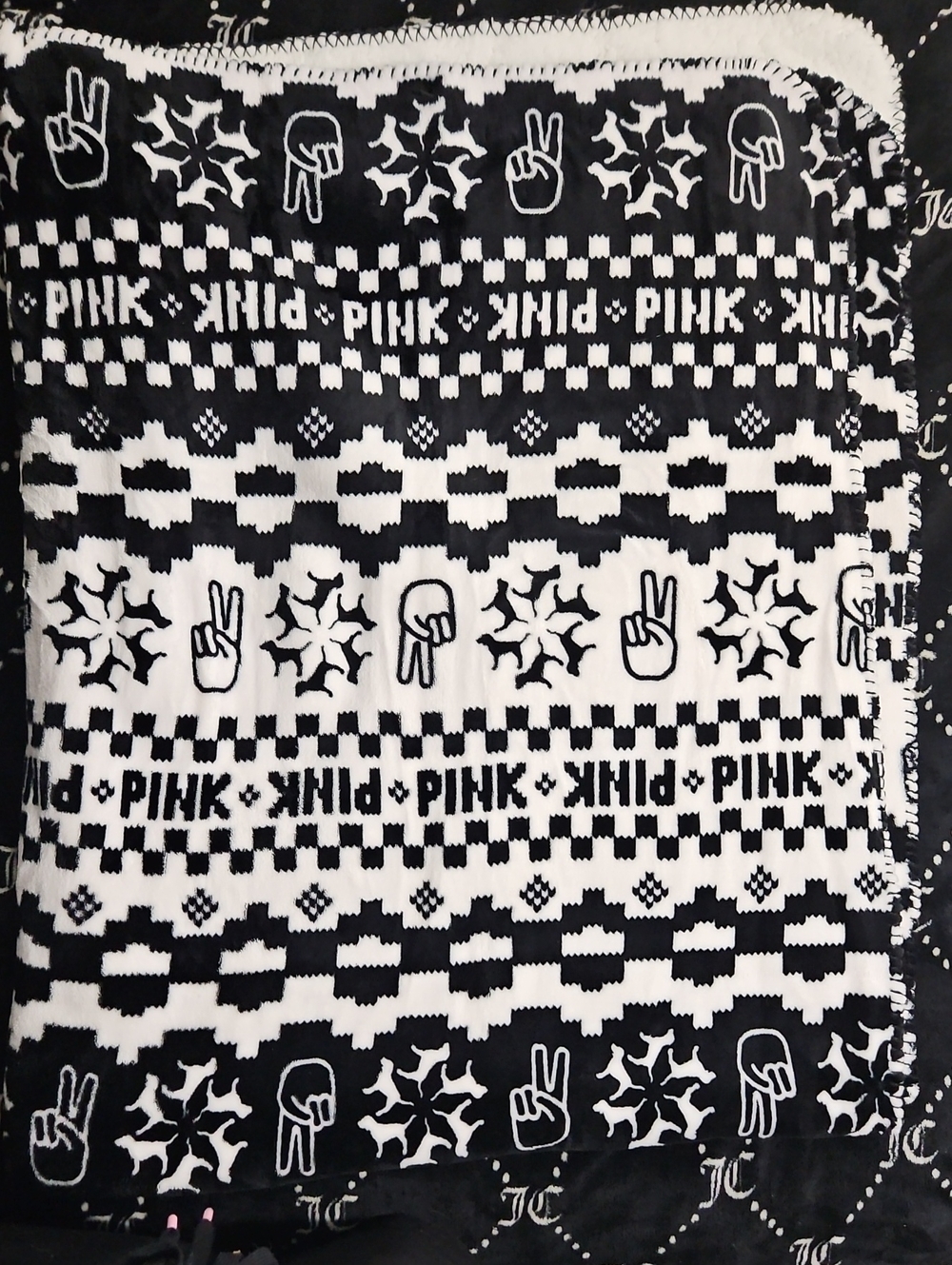 PINK Victoria's Secret Dog Peace Fair Isle COZY SHERPA THROW BLANKET Vintage NEW